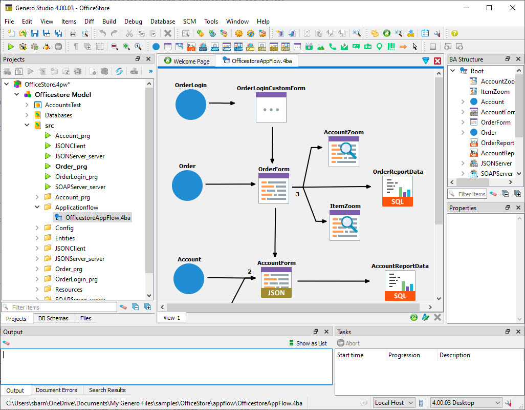 Screenshot of Business Applicaiton Model screen showing application flow for officestore application in the officestoreAppFlow.4ba file