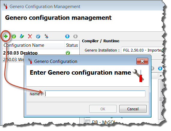 Adding a new Genero Configuration with the Genero Configuration Management dialog.