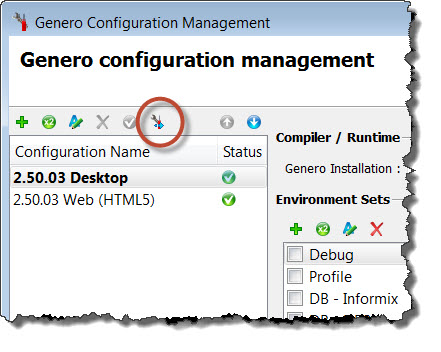 Genero Configuration Management dialog with configure icon circled.