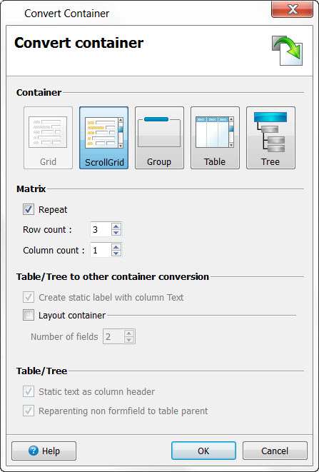 This figure is a screenshot of the Convert Container dialog.