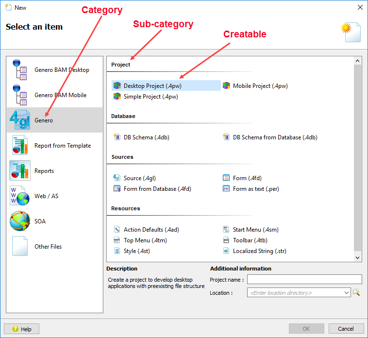 This figure shows categories, sub-categories, and creatables accessible in the New dialog .