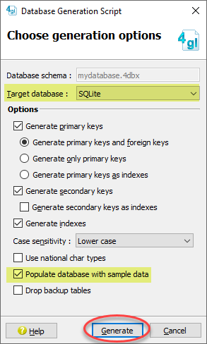 Screenshot of Database Generation Script dialog.