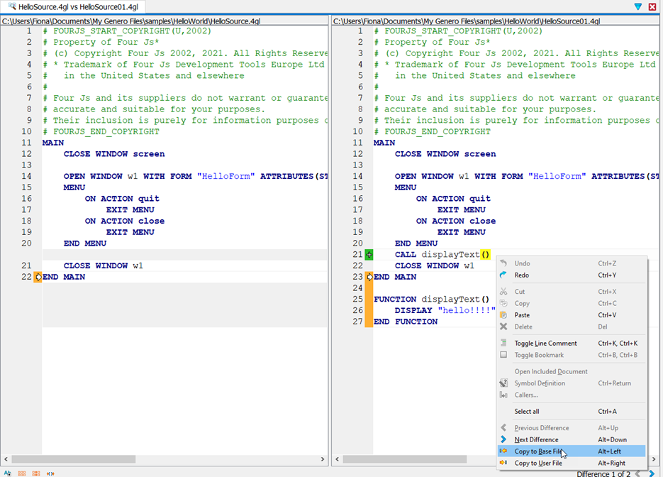 This figure shows two files being compared in Vertical Dual Diff mode. The context menu is displayed, with Copy to Base File highlighted.