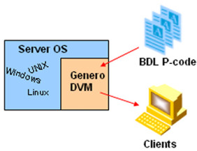 Drawing shows how the Dynamic Virtual Machine executes the portable byte code of Genero applications.