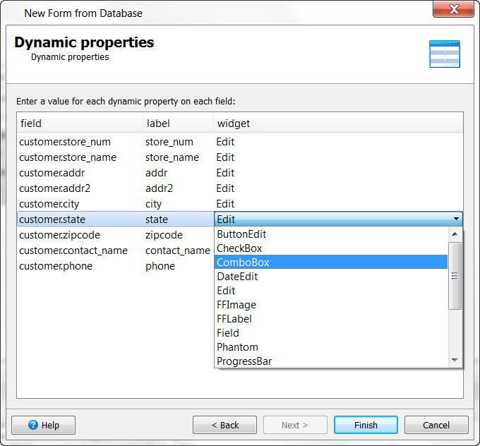 This figure is a screenshot of the New Form From Database Dynamic Properties page, where a combobox allows you to select a widget type for each field.