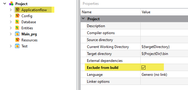 The Projects view is displayed with the Applicationflow node highlighted. The Applicationflow node includes an "exclude from build" icon (red circle with line through it), and the Exclude from build property is set to TRUE.