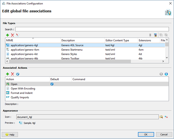 Screen shot showing File Associations Configuration dialog