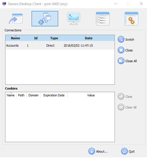 Screenshot of Genero Desktop Client configuration interface showing connected application