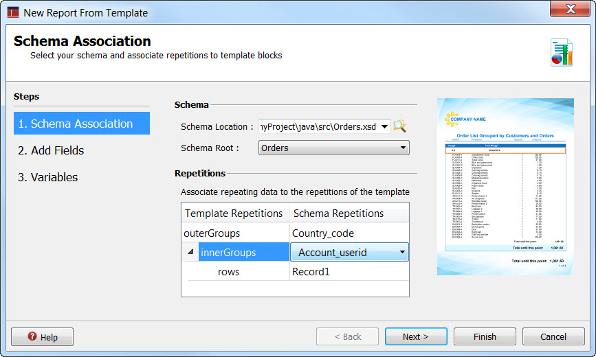 Screen shot of Schema Association page in New Report From Template wizard.