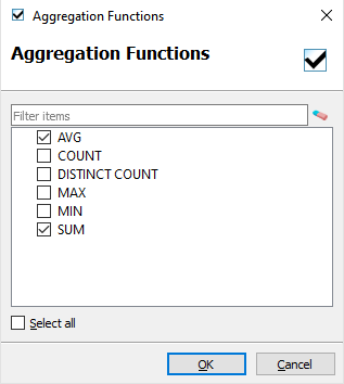 Screenshot of Aggregation Functions dialog.