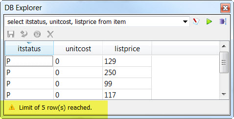 Message displays in status area, stating that the limit of 5 rows reached.