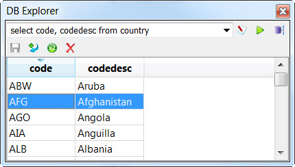 DB Explorer showing the contents of the country table.
