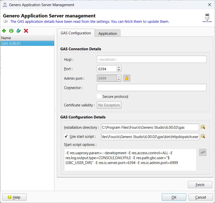 A screen shot of the Genero Application Server management dialog showing details of a selected GAS Configuration.
