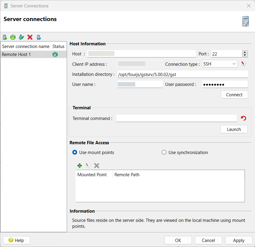 This figure is a screenshot of the Server Connection dialog. See the surrounding text for information about the fields shown.