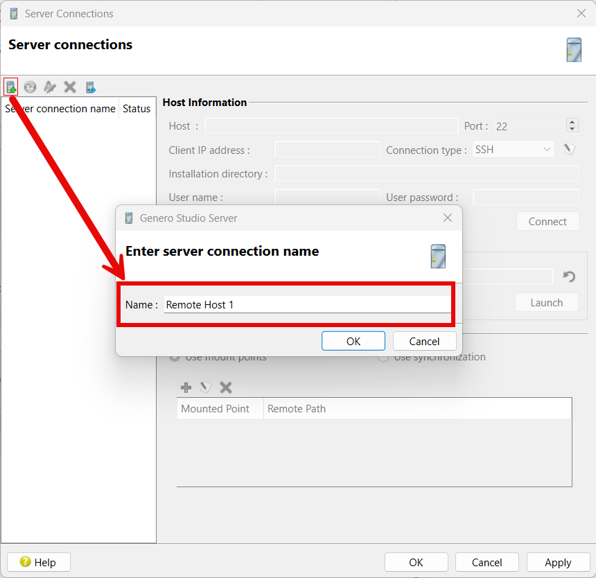 This figure is a screenshot of the Server Connections dialog.