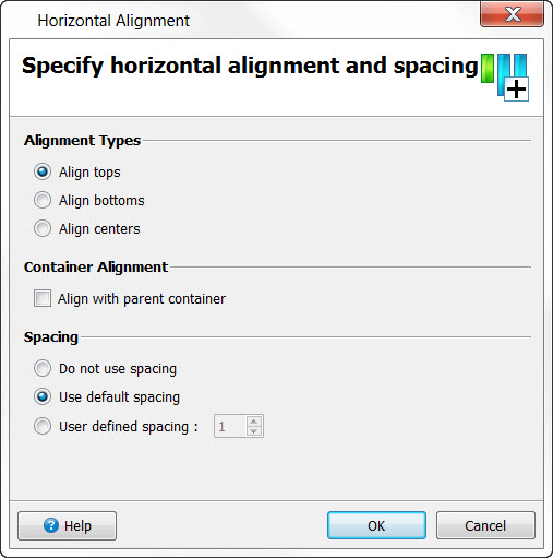 This figure shows the Horizontal Alignment dialog used to specify horizontal alignment and spacing for a form.