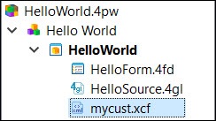 This figure is a tree view that shows the mycust.xcf file as a child node of the Hello World application node.