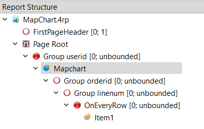 This figure shows a Mapchart object under the userid trigger node, and a Mapchart Item under the OnEveryRow trigger node in the Report Structure View. This structure results in a Map Chart for each userid.