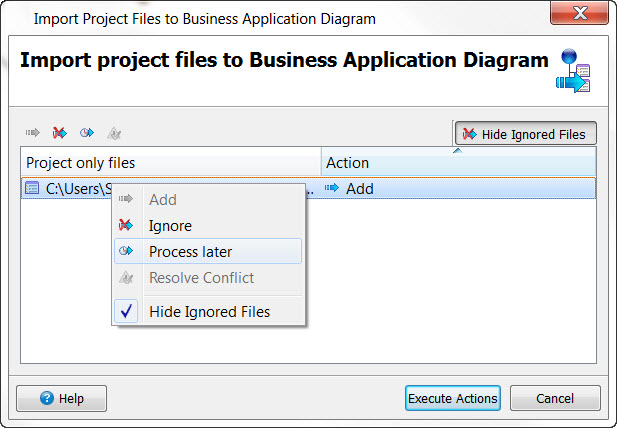 This figure is a screenshot of the Import project files to Business Application diagram dialog.