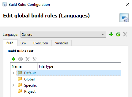 A screen shot of the Build Rules Configuration dialog showing Genero as the language default.