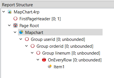 This figure shows a Mapchart Item under the OnEveryRow trigger node in the Report Structure View. This structure results in a single page report with one chart.