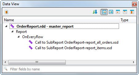 This figure is a screenshot of the Data View showing sub reports as nodes in the data schema for the master report RDD.