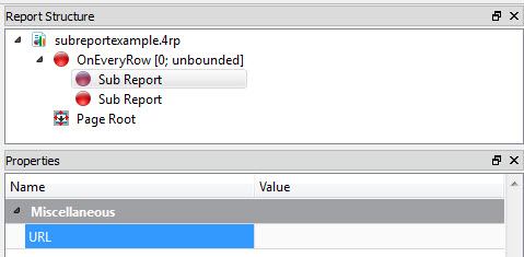 This figure is a screenshot of the Report Structure View showing sub-report invocation triggers and their single property, URL.