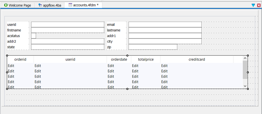 This figure is a screenshot of the accounts.4fdm form containing fields from the account table and orders table.