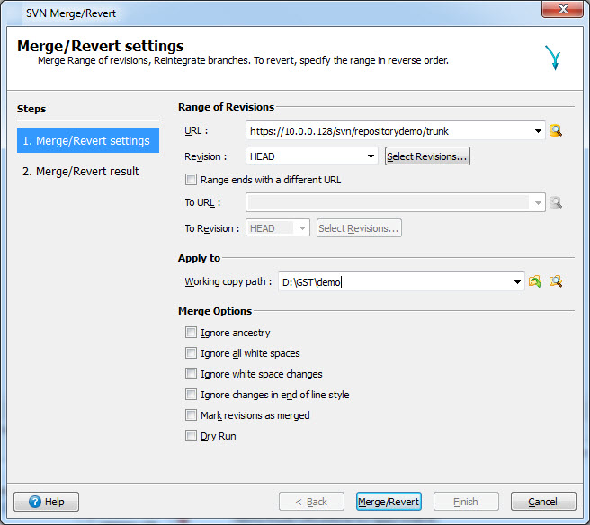 This figure is a screenshot of the SVN Merge/Revert dialog.