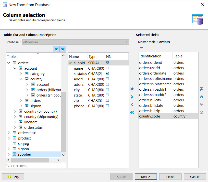 This figure is a screenshot of the Column selection panel of the Data Control Wizard.