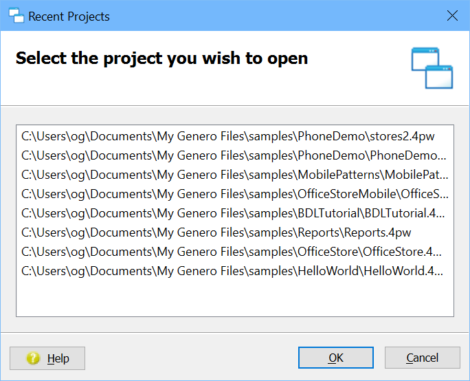 The diagram is a screen shot of the Recent Projects dialog. The dialog lists projects, and has OK and CANCEL buttons along the bottom of the dialog.