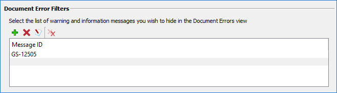Screen shot of Document Error Filters section of the Messages Configuration preference page.