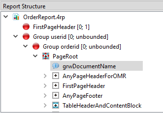 This figure shows the Report Structure. OrderReport.4rp has a child trigger for Group userid, which in turn has a child trigger for Group orderid. Under Group orderid is a PageRoot. The first child of PageRoot is an InfoNode called grwDocumentName
