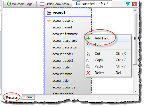 This figure shows how to add a field to an existing form record in Form Designer.