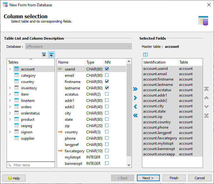 This figure is a screenshot showing the Database and Column selection dialog of the Form from Database wizard. The officestore database and all columns of the account table have been selected.