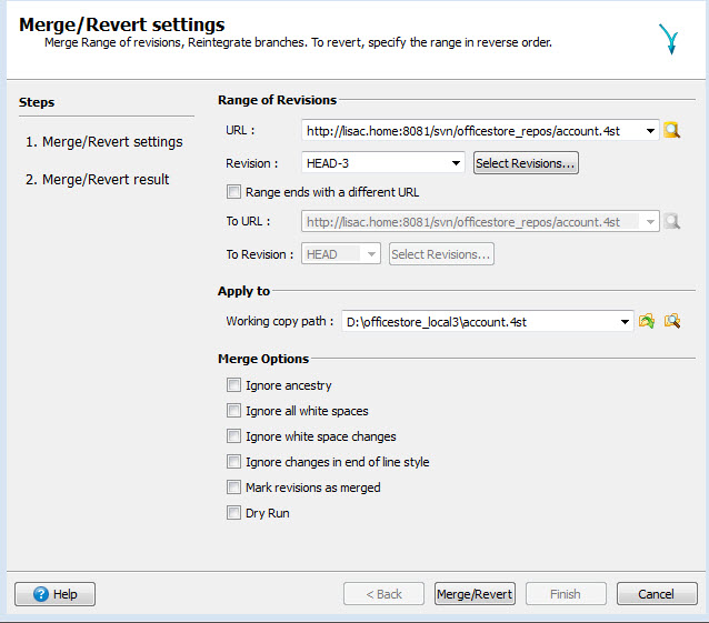 This figure shows the SVN Merge/Revert dialog, used to revert a file to a previous revision.
