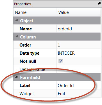 Label and Widget properties highlighted in Database diagram Properties view.
