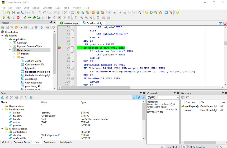 Screenshot of graphical debugger showing a breakpoint applied with code editor and data output in data tab