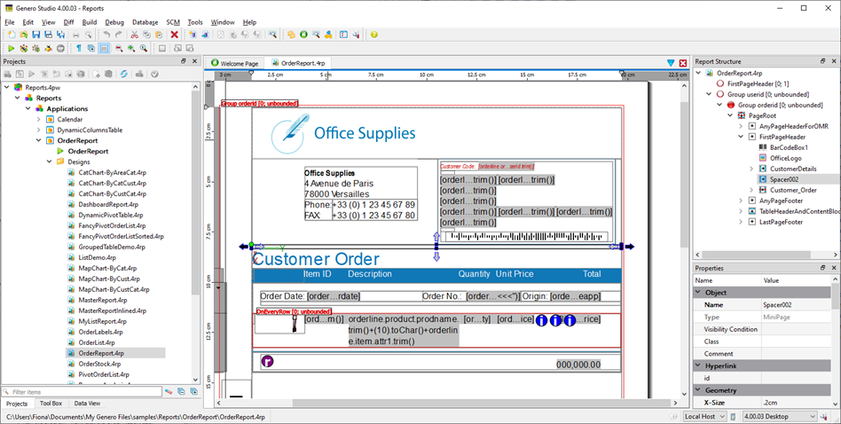 Screenshot of Genero Report Designer showing the OrderReport .4rp file open with Report Structure view displayed