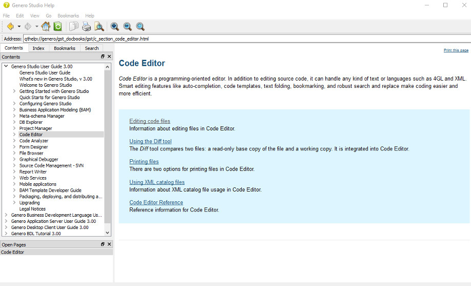 Screenshot of the Genero Studio help window showing a help page for Code Editor and the complete Genero documentation set you can browse or search in the Contents browser in the left panel.