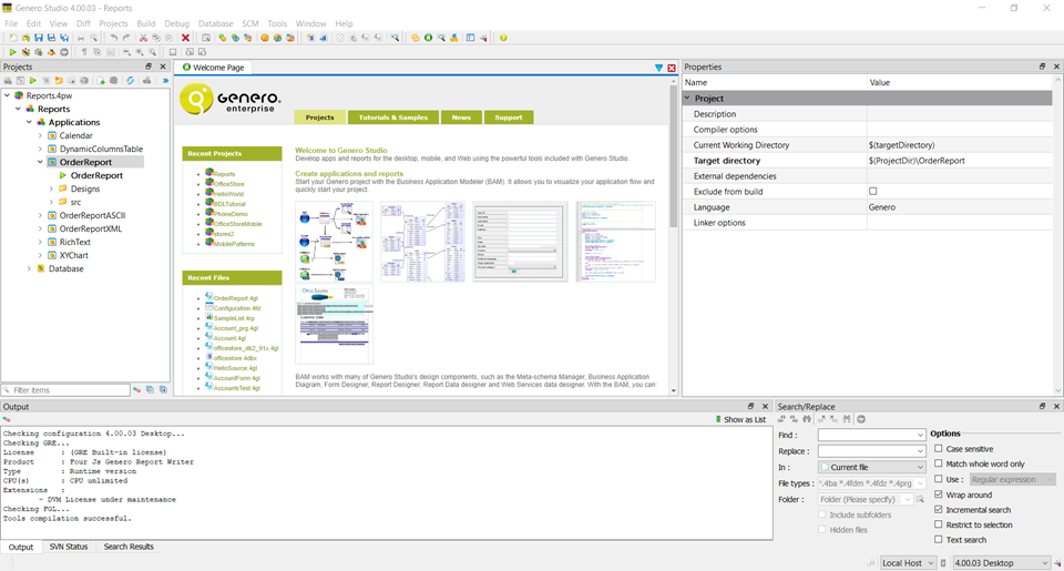 Screenshot of Genero Studio project view showing the folders for the Reports application