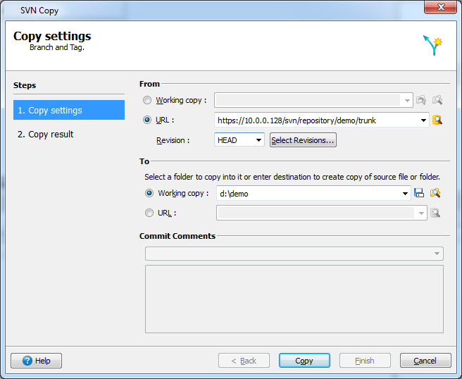 This figure is a screenshot of the SVN Copy dialog. See the surrounding text for more information about how to copy a project file and a description of the fields shown.