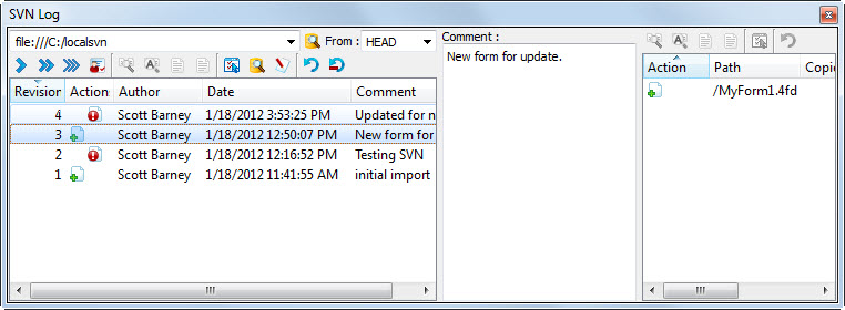 This figure is a screenshot of the SVN Log dialog with revisions displayed as a list.