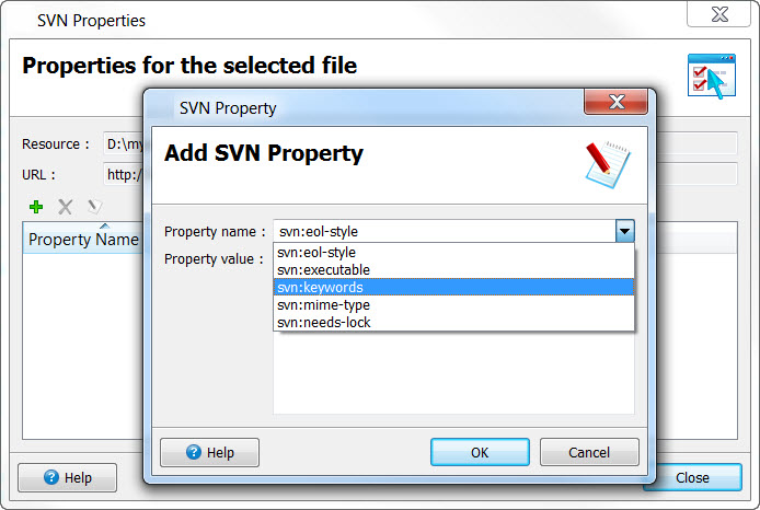 This figure is a screenshot of the SVN Properties dialog.