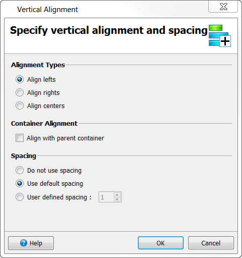 This figure shows the Vertical Alignment dialog used to specify vertical alignment and spacing for a form.