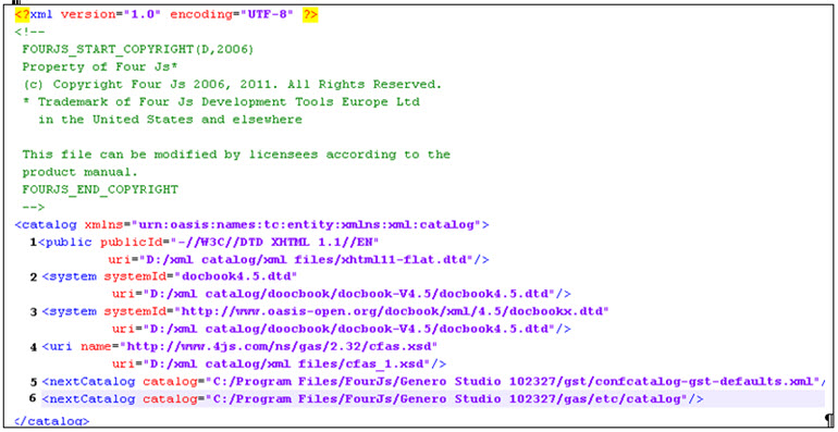 This figure is a screenshot of an XML catalog file. See the surrounding text for a description of the XML Elements.