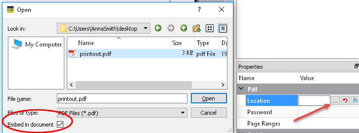 The figure is a screenshot showing the Embed in document checkbox, which allows you to embed a PDF document in a report.