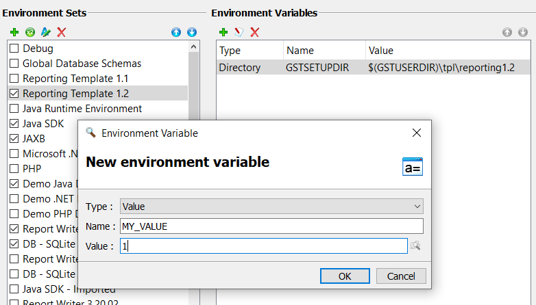 This figure is a screenshot of the Genero Configuration Management dialog showing environment set variables for the selected Reporting Template 1.2.