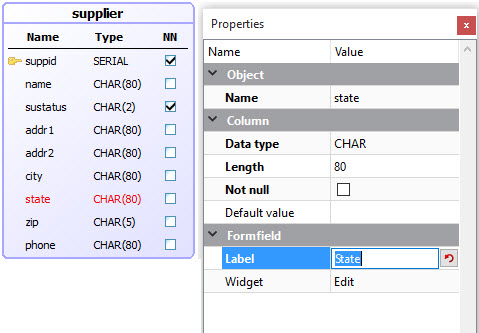 This figure shows an example of setting the Label property for the supplier.state field at the meta-schema level.