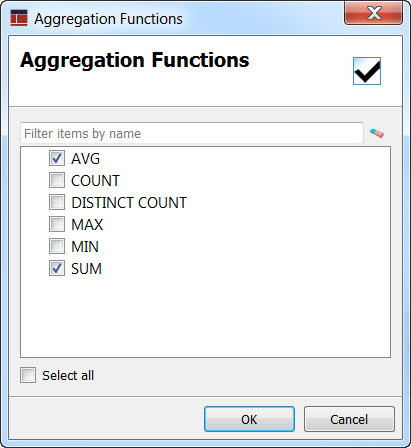 Screenshot of Aggregation Functions dialog.